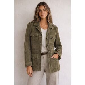 Olive Green Medium Leather Utility Field Jacket Structured Front Button Pockets